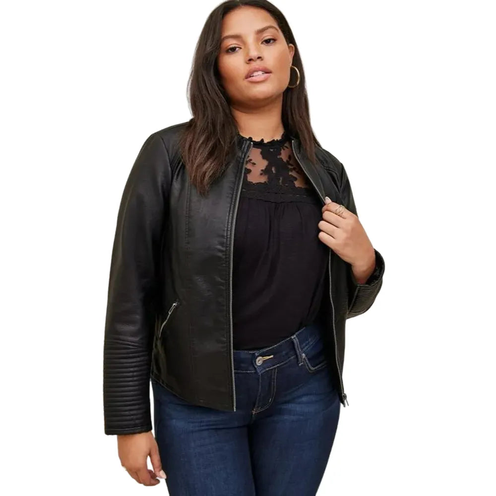 Collarless-Faux-Leather-Moto-Jacket-Model
