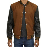 Mens-Dark-Brown-Varsity-Jacket-with-Black-Leather-Sleeves-Front