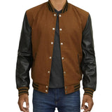 Mens-Dark-Brown-Varsity-Jacket-with-Black-Leather-Sleeves-Front
