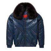 Mens-Navy-Leather-V-Bomber-Jacket