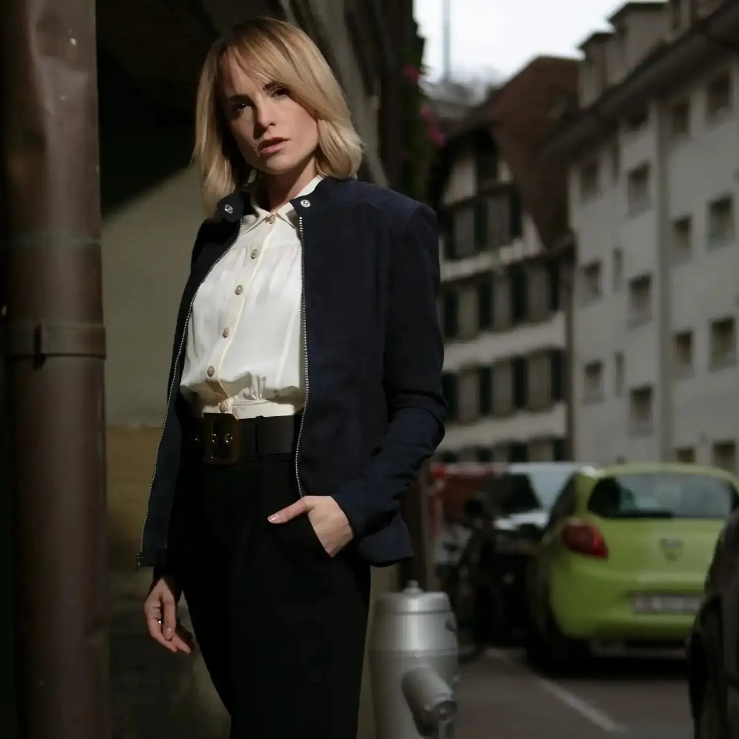 Womens-Navy-Blue-Suede-Biker-Leather-Jacket-Model-Shoot