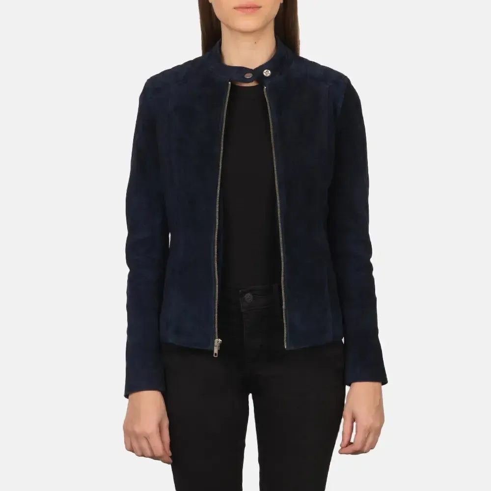 Womens-Navy-Blue-Suede-Biker-Leather-Jacket-Open-Front