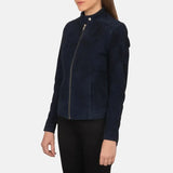 Womens-Navy-Blue-Suede-Biker-Leather-Jacket-Side-Pose