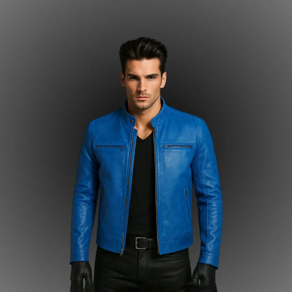 blue-leather-cafe-racer-jacket-for-men-model-shoot