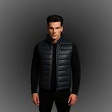 mens-blue-leather-puffer-vest-model-shoot