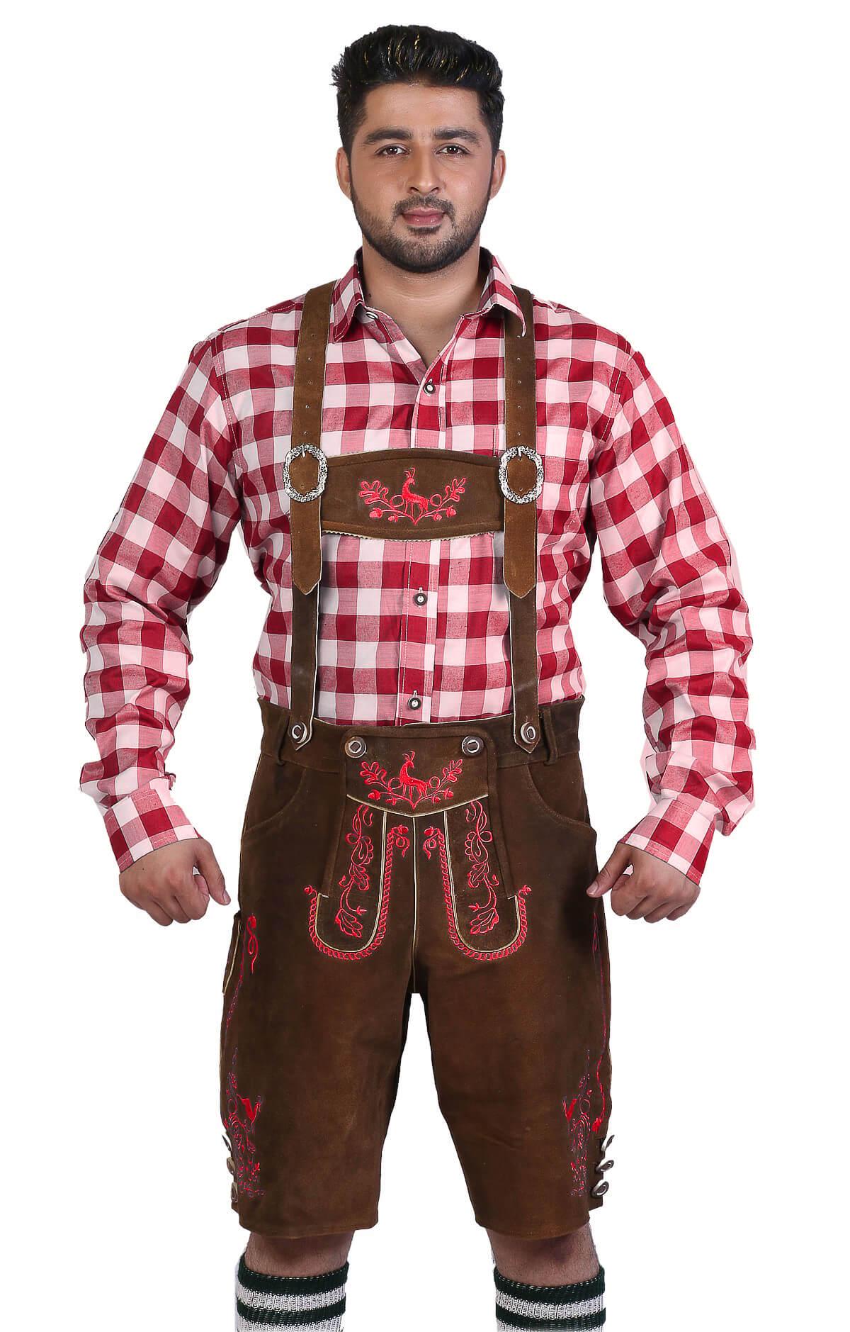 Bavarian Herren Lederhosen Brown Red