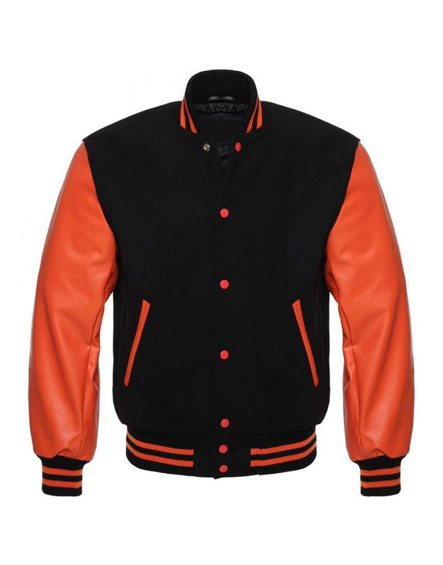 Black Varsity Jacket Womens with Orange Leather Sleeves