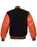 Black Varsity Jacket Womens with Orange Leather Sleeves back
