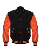 Black Varsity Jacket Womens with Orange Leather Sleeves