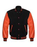 Black Varsity Jacket Womens with Orange Leather Sleeves