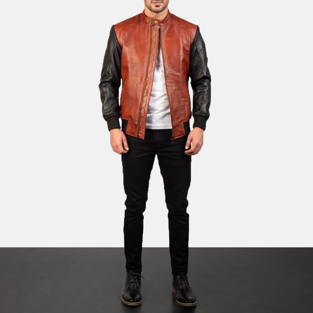 Black and Maroon Leather Bomber Jacket