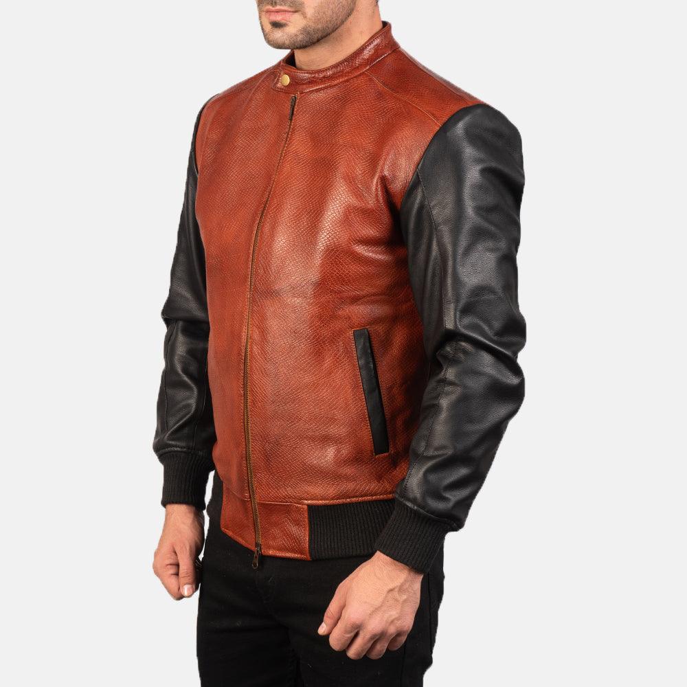 Black and Maroon Leather Bomber Jacket-5