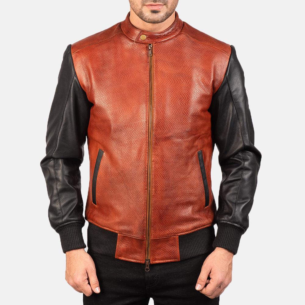 Black and Maroon Leather Bomber Jacket-3