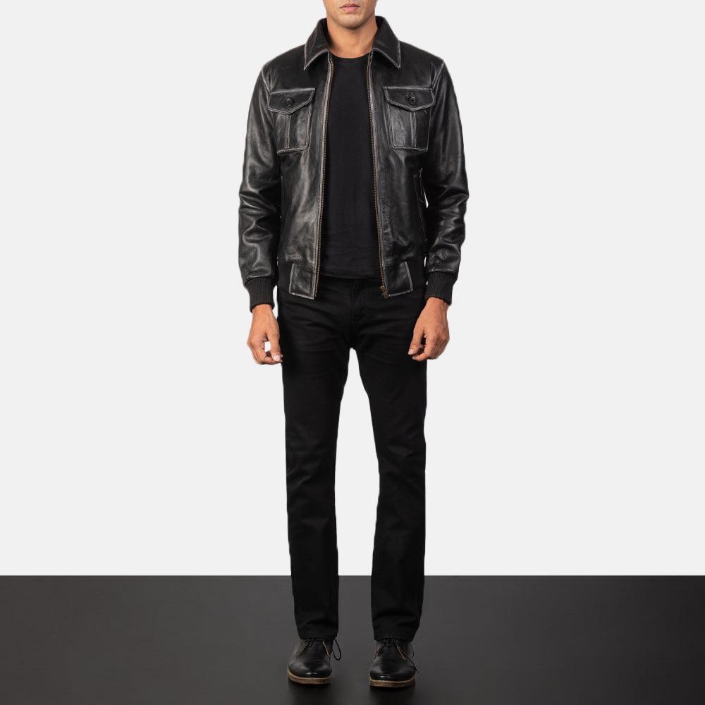 Mens Bomber Style Leather Jacket-5
