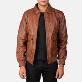 Coffman Olive Brown Leather Bomber Jacket Men-1