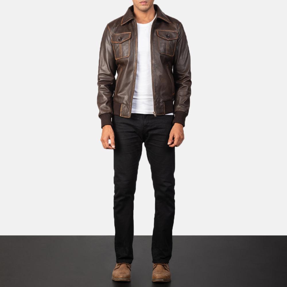Brown Leather Bomber Jacket-5
