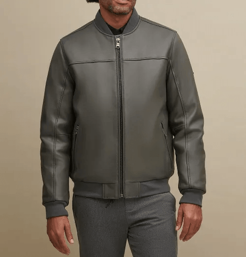 Mens Grey Leather Bomber Jacket-1