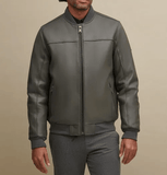 Mens Grey Leather Bomber Jacket-1