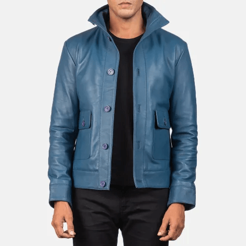 Mens Ionic Blue Leather Bomber Jacket-1