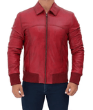 Men's Red Leather Bomber Jacket-4