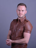Mens-Brown-Leather-Short-Sleeve-Button-Up-Shirt-Left-Side