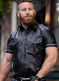 Mens-Gay-Leather-Short-Sleeve-Police-Shirt-with-White-Piping-Side
