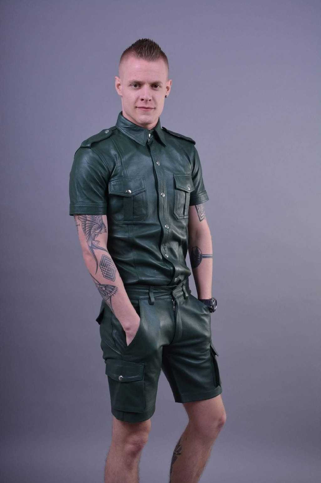 Mens-Green-Leather-Short-Sleeve-Button-Up-Shirt-Side-Full