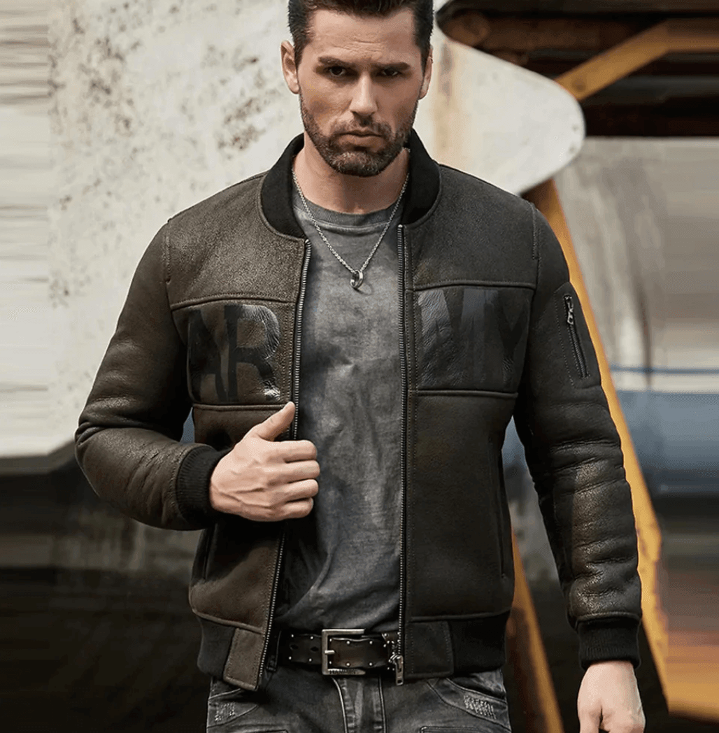 Mens Army Green Suede Leather Ma-1 Bomber Jacket Front