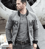 Mens Army Grey & Black Leather Ma-1 Bomber Jacket Front