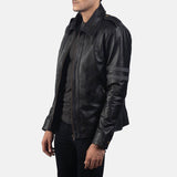 Mens Black Leather Biker Jacket with Grey Straps Tilt