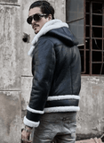 Mens Black Sheepskin Leather Bomber Jacket With Hood-1