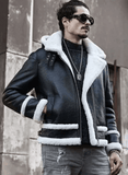 Mens Black Sheepskin Leather Bomber Jacket With Hood-2