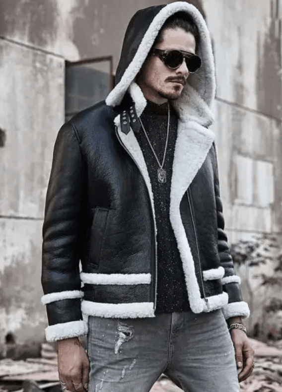 Mens Black Sheepskin Leather Bomber Jacket With Hood-3