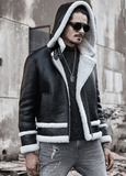 Mens Black Sheepskin Leather Bomber Jacket With Hood-3