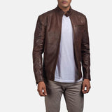 Mens Dean Brown Leather Biker Jacket Front