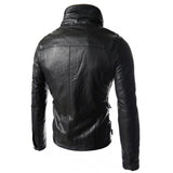 Mens High Neck Slim Fit Black Leather Biker Jacket Back