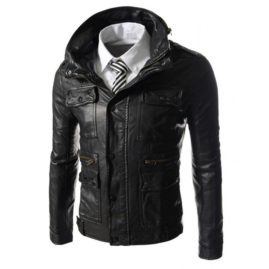 Mens High Neck Slim Fit Black Leather Biker Jacket Front