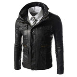 Mens High Neck Slim Fit Black Leather Biker Jacket Front
