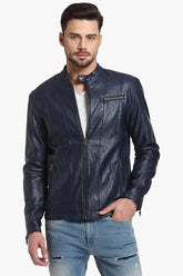 Mens Navy Blue Leather Biker Jacket Front