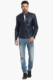 Mens Navy Blue Leather Biker Jacket Model
