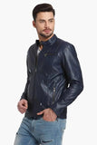 Mens Navy Blue Leather Biker Jacket Side