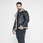 Mens RAF Aviator B3 Bomber Black Leather Shearling Jacket Model