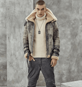 Mens RAF Aviator Double Collar Shearling Hooded Coat Front
