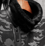 Mens RAF Black Camo Lapel Shearling Leather Coat-1