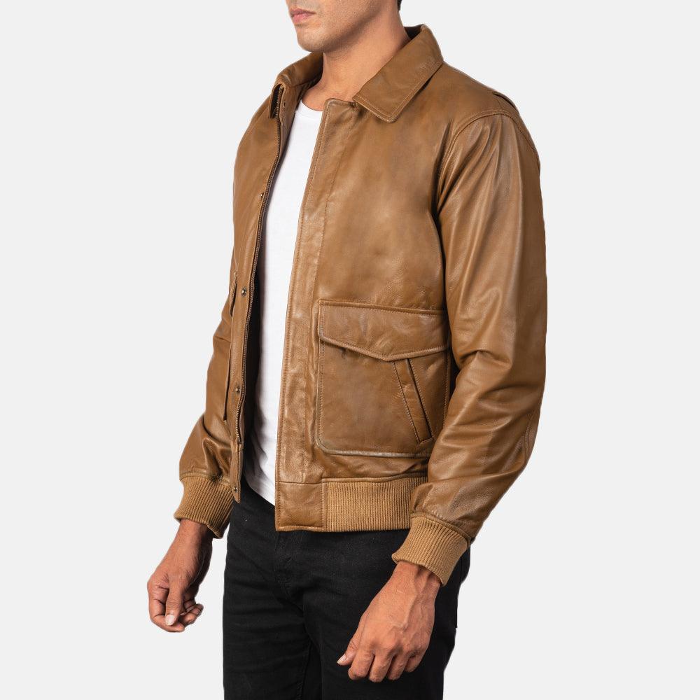 Mens Olive Brown Leather Bomber Jacket-5
