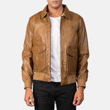 Mens Olive Brown Leather Bomber Jacket-3