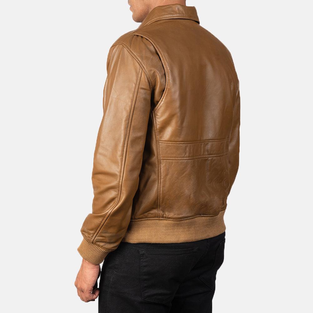 Mens Olive Brown Leather Bomber Jacket-2