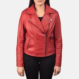 Womens Red Leather Flashback Biker Jacket-4