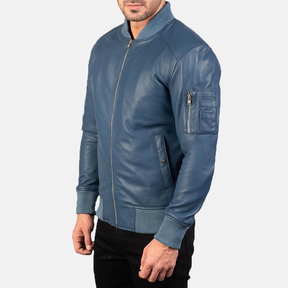Sapphire Blue Leather Bomber Jacket-4