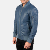 Sapphire Blue Leather Bomber Jacket-4